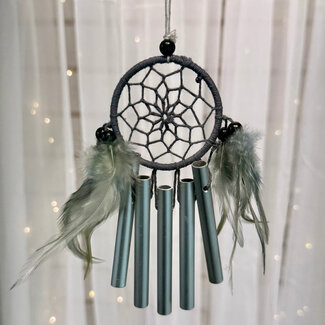 Dreamcatcher Dream Catcher - Gray (Grey) with Gray Feathers & 5 Metal Chimes - 8" Handwoven Windchime Wind Chime Bells