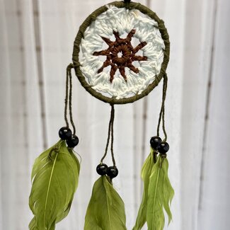 Dreamcatcher Dream Catcher Green with White & Brown Crochet Center & Green Feathers