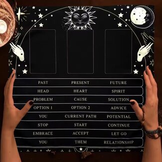Tarot Past, Present, Future Spread Altar Cloth  - Black & White - Sun, Moon & Stars Tarot Mat, Divination Table Cover 19"x19"
