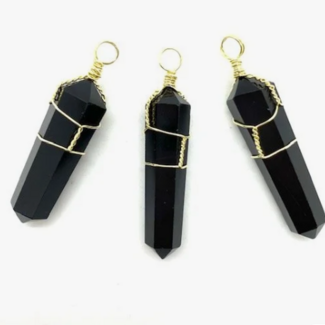 Black Onyx Pendants - Wire Wrapped Faceted Points - Gold Plated