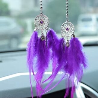 Dream Catcher (Dreamcatcher) Dual Mini Metal Flower of Life on Beaded Chain & Dual Purple  Feathers - Handcraft, Wall Hanging, Car