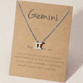 Gemini Necklaces - Silver Plated  (16-18" Adjustable) - Zodiac Sign Pendant Charm Astrology