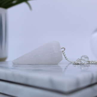 Selenite (Satin Spar Gypsum) Pendulum - Dowsing Hexagonal Faceted Cone Point Divination - Silver Chain - Crystal Gemstone