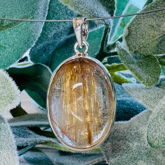 Gold (Golden Rutile Angel Venus Hair) Rutilated Quartz Pendants - Oval Bezel Set Large - Sterling Silver