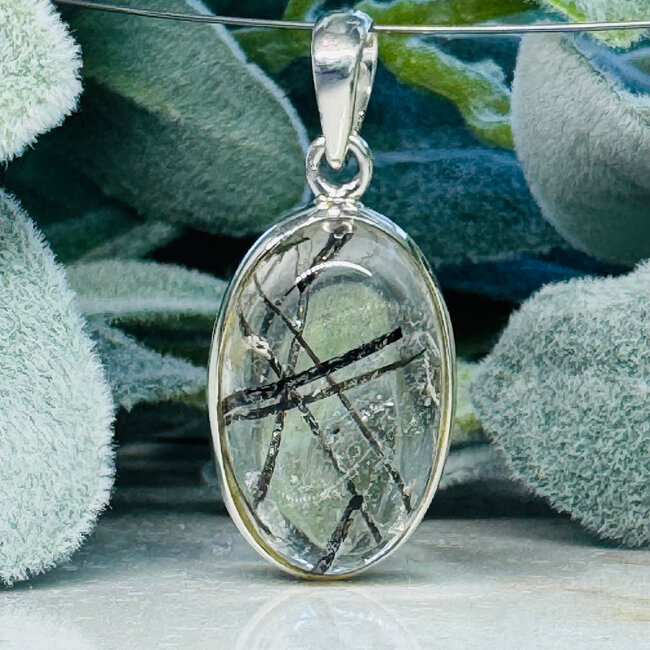 Black Tourmaline in Clear Quartz (Tourmalated Tourmalinated Rutilated Quartz) Pendants - Oval Bezel Set - Sterling Silver