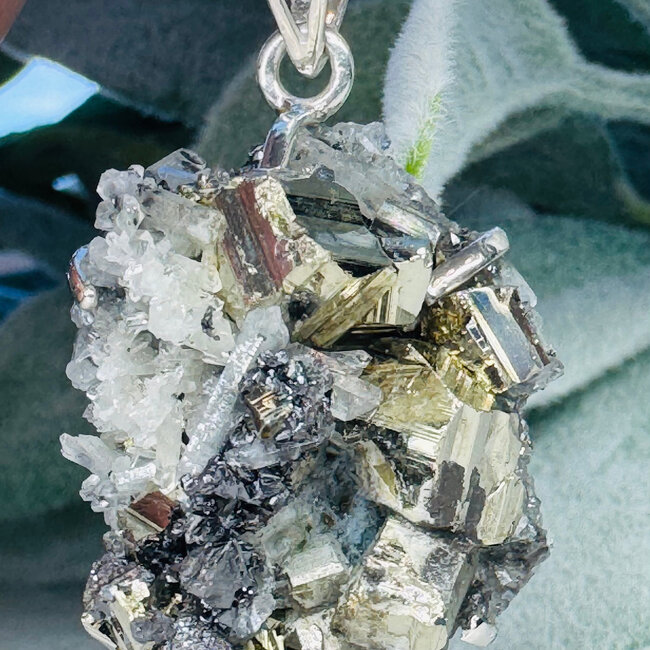Forest Fairy Epidote Pendants, Pyrite & Clear Quartz - Raw Rough Natural Claw Prong Set - Sterling Silver
