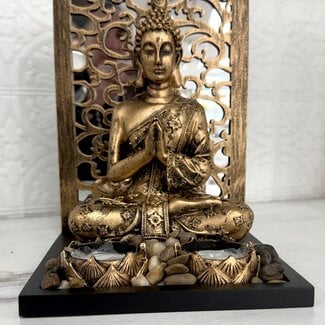 Buddha Meditating with Bronze Mirror Decor Backdrop Tealight (Tea Light) Holder – Black and Bronze 6.30″W X 8.65″H