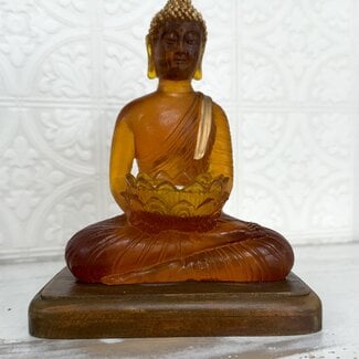 Buddha Sitting Statue Holding Tealight Candle with Amber Resin on Wooden Base -  LED Battery Light -5.90″W X 7.5″H