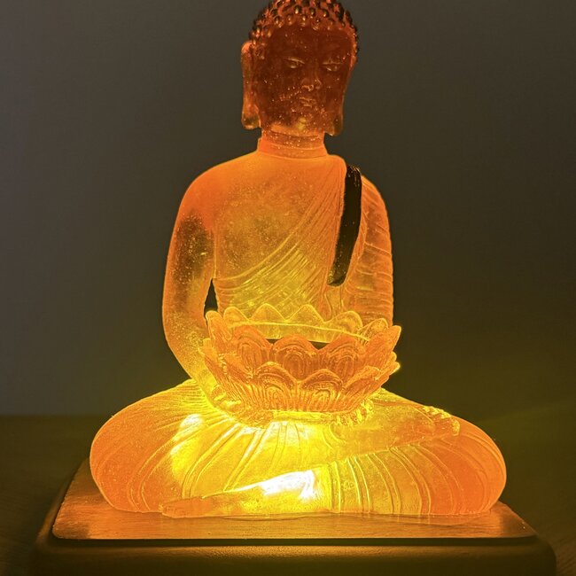 Buddha Sitting Statue Holding Tealight Candle with Amber Resin on Wooden Base -  LED Battery Light -5.90″W X 7.5″H