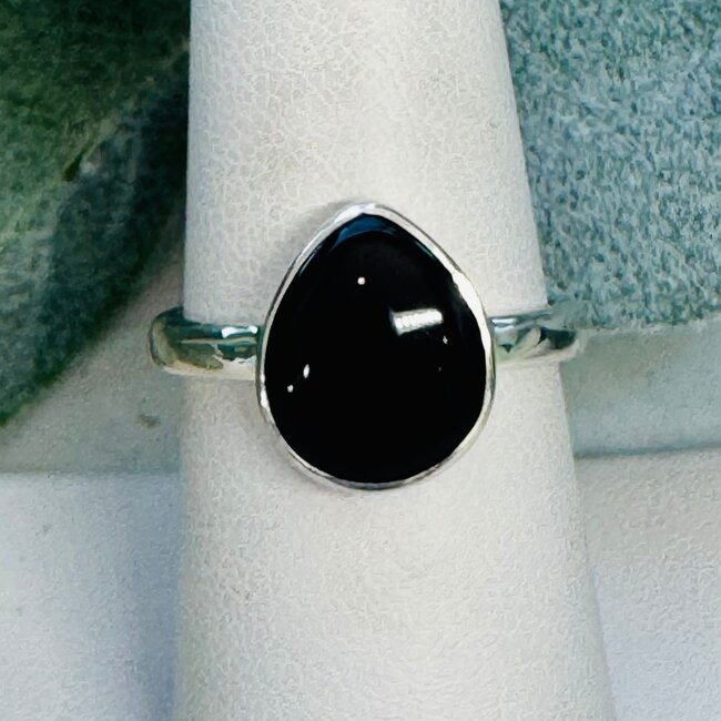 Whitby Jet Rings - Size 8 Teardrop Pear Bezel Set - Sterling Silver