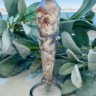 Black Flower (Cherry Blossom) Agate Faceted Wands on Silver Pin Stand Holder - 7-8"