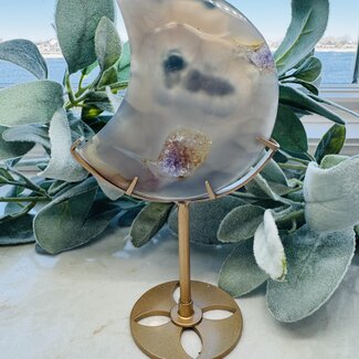 Amethyst & Agate Crescent Moon on Gold Pin Stand - 6-7"  Medium Druzy Druzies