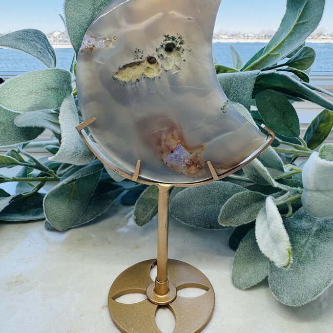 Amethyst & Agate Crescent Moon on Gold Pin Stand - 6-7"  Medium Druzy Druzies