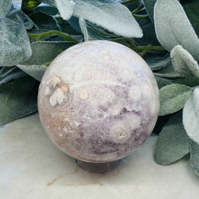 Pink Amethyst & Flower (Cherry Blossom) Agate Sphere Orb Globe - 70-75mm Druzy Druzies