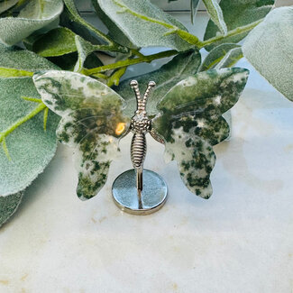 Moss Agate Butterfly Butterflies on Silver Pin Stand - Medium 3"