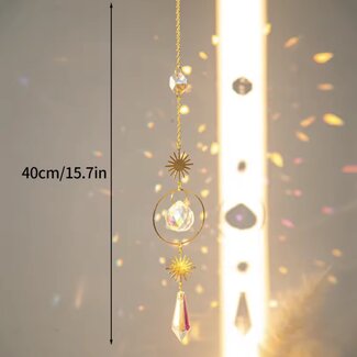 Suncatcher Sun Catcher with Gold (Plated) Ring with Suns and Faceted Rainbow Shapes Inside - Window Mirror Crystal