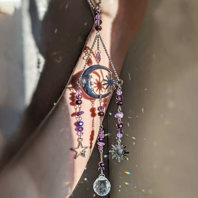 Prism Suncatcher Sun Catcher (Amethyst-Small) Crescent Moon-Window Mirror Crystal-Faceted Prism, Moon & Stars Gold