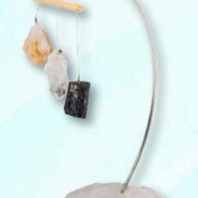 Citrine Black Tourmaline & Clear Quartz on Clear Quartz Base - (Grounding) Desk Wind Chimes 7.5" - Home Decor Rough Raw Natural