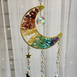 Suncatcher Sun Catcher with Gold (Plated) Crescent Moon with a Variety of Crystals Inside, Stars &  Faceted Rainbow Shapes - Window Mirror Crystal
