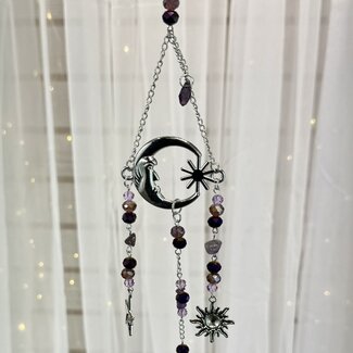 Suncatcher Sun Catcher Crescent Moon Face (Silver Plated) with Faceted Purple Beads, Stars, Suns & Faceted Crystal Ball Celestial - Window Mirror Crystal - Handwoven