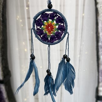 Dreamcatcher Dream Catcher Blue with Purple, Yellow & Red Crochet Center & Blue Feathers