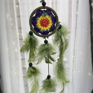 Dreamcatcher Dream Catcher Green with Purple, Yellow & Red Crochet Center & Green Feathers