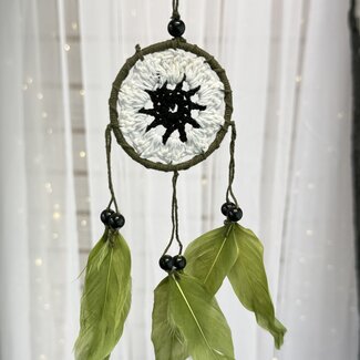 Dreamcatcher Dream Catcher Green with White & Black Crochet Center & Green Feathers