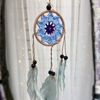 Dreamcatcher Dream Catcher Brown with Blue & Purple Crochet Center & Gray (Grey) Feathers