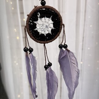 Dreamcatcher Dream Catcher Brown with White & Black Crochet Center & Purple Feathers