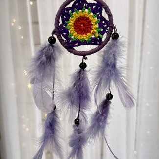 Dreamcatcher Dream Catcher Purple with Green, Red & Yellow Crochet Center & Purple Feathers