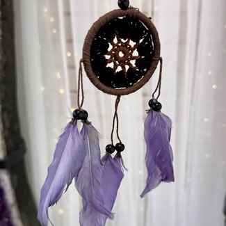 Dreamcatcher Dream Catcher Brown with Brown & Black Crochet Center & Purple Feathers
