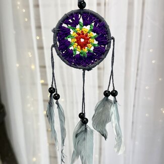 Dreamcatcher Dream Catcher Gray with Purple, Yellow & Red Crochet Center & Gray (Grey) Feathers