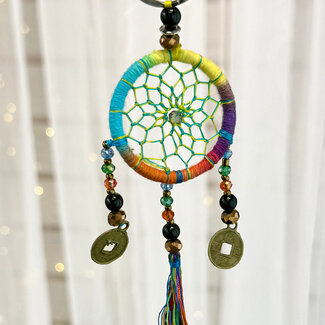 Dreamcatcher Dream Catcher Keychain - Rainbow Multi Colored with Tassel Feng Shui Coins & Decorative Beads
