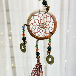 Dreamcatcher Dream Catcher Keychain - Brown Multi Colored with Tassel Feng Shui Coins & Decorative Beads