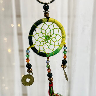 Dreamcatcher Dream Catcher Keychain - Green & Yellow Multi Colored with Tassel Feng Shui Coins & Decorative Beads