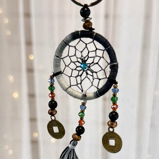 Dreamcatcher Dream Catcher Keychain - Gray (Grey) Multi Colored with Tassel Feng Shui Coins & Decorative Beads