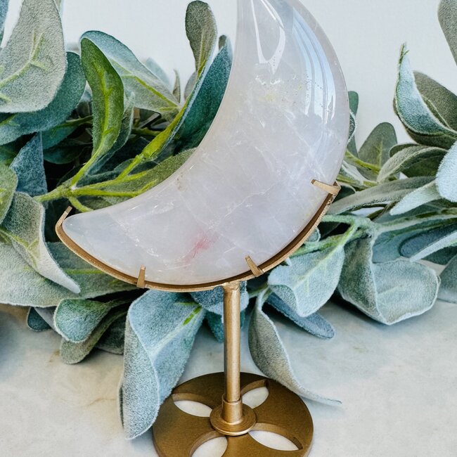 Blue Rose Quartz Crescent Moon on Gold Pin Stand - 6" Specimen