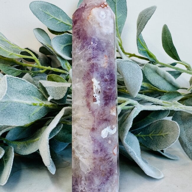 Flower Agate (Cherry Blossom) & Pink Amethyst Tower Point Generator - XL Extra Large (6-8")