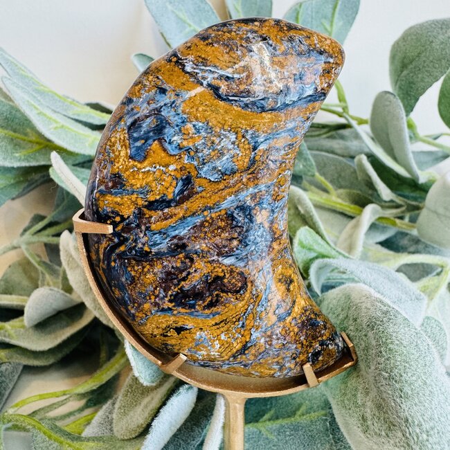 Pietersite (Tempest Stone) Crescent Moon on Gold Stand Pin - 6" Specimen