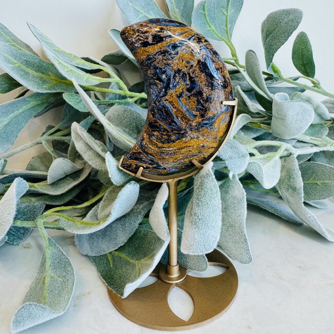 Pietersite (Tempest Stone) Crescent Moon on Gold Stand Pin - 6" Specimen