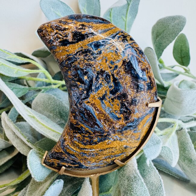 Pietersite (Tempest Stone) Crescent Moon on Gold Stand Pin - 6" Specimen