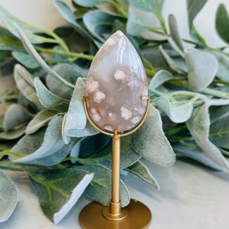 Flower Agate (Cherry Blossom) Teardrop Pear on Gold Pin Stand - 5" Specimen