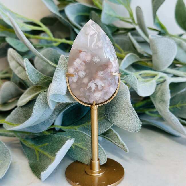 Flower Agate (Cherry Blossom) Teardrop Pear on Gold Pin Stand - 5" Specimen