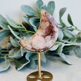 Flower (Cherry Blossom) Agate Crescent Moon on Gold Stand Pin - 6" Specimen