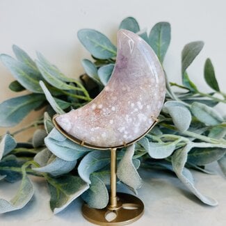 Pink Amethyst & Flower (Cherry Blossom) Agate Crescent Moon on Gold Stand Pin - 6.5" Specimen