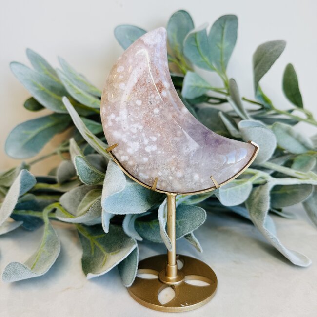 Pink Amethyst & Flower (Cherry Blossom) Agate Crescent Moon on Gold Stand Pin - 6.5" Specimen