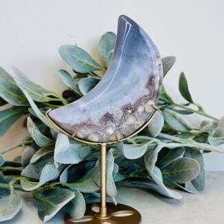 Blue Flower (Cherry Blossom) Agate Crescent Moon on Gold Stand Pin - 8" Specimen