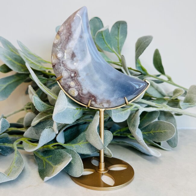 Blue Flower (Cherry Blossom) Agate Crescent Moon on Gold Stand Pin - 8" Specimen