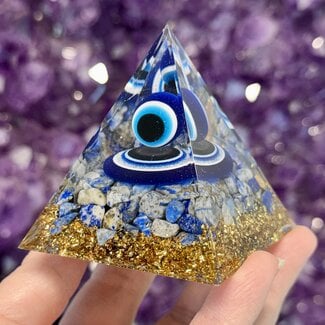Blue Evil Eye Orgonite Orgone Pyramid Medium (3") - Gold (Plated) Flakes Copper with Lapis Lazuli Tumbles -  Energy Generator EMF Blocker Sacred Geometry