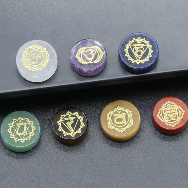 7 (Seven) Crystal Stones Chakra Mini Set - Flat Round with Engraved Symbols - 16-18mm